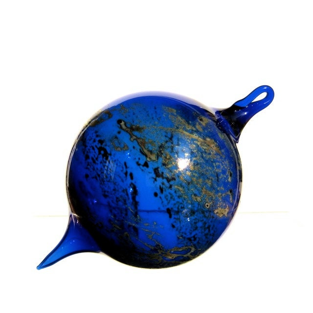 Hand Blown Glass Ornament, Cobalt Blue with Silver and Gold