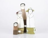 Family portrait -  Grandmother, father, son and Auntie with a hat , Wear shades of green and brown-handmade fabric dolls
