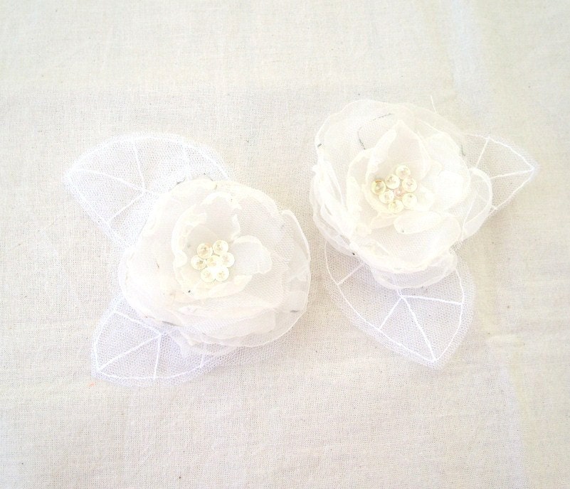 Bridal Accessories White Ivory Mix Organza Flower Hair Accessory Clips White Tulle Leaves - SET OF 2  Wedding Hair Accessory - Bridal Hair
