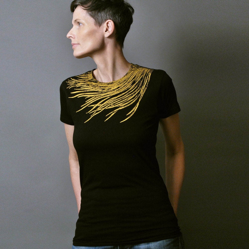 Womens Fashion Black T shirt - Metallic Gold Bird Feather - Peacock Feather Print