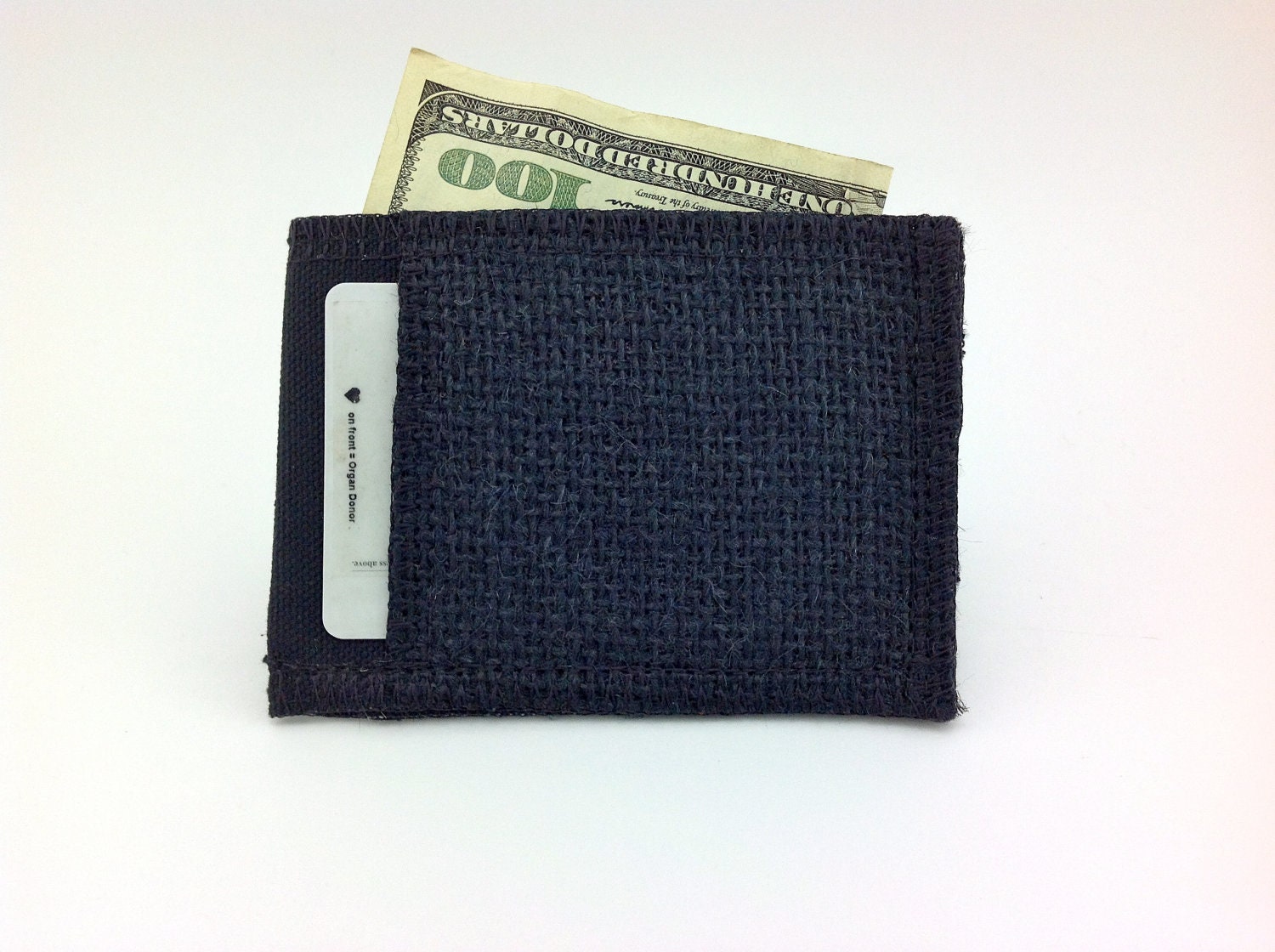 Men's Black Vegan Wallet - Women's Small Card Wallet- Made from Black Burlap- Ready to Ship- Front Pocket  -Back pocket-Handmade Card Holder