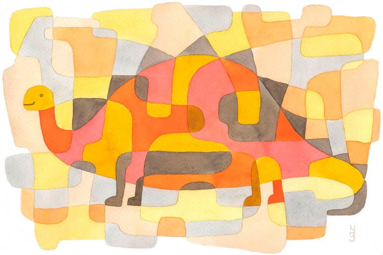 Dinosaur 2 - Kids Art Mid Century Modern Print Nursery Art Print pink yellow orange gray 8 x 10