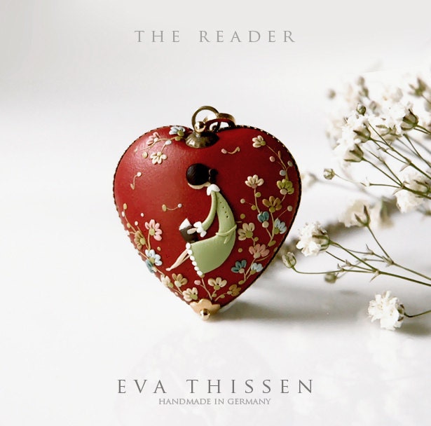 The Reader. Beautiful hand made polymer clay necklace.