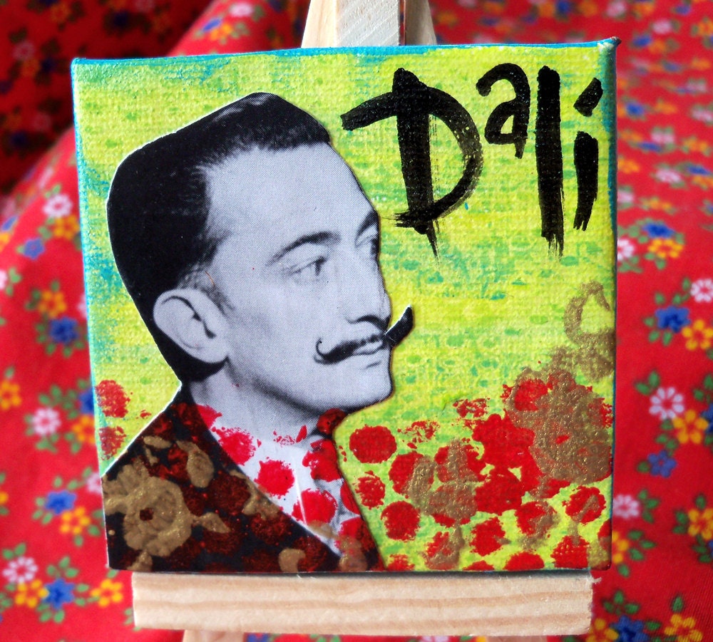 SALE One of a Kind Salvador Dali Mixed Media Small Canvas Art with Easel
