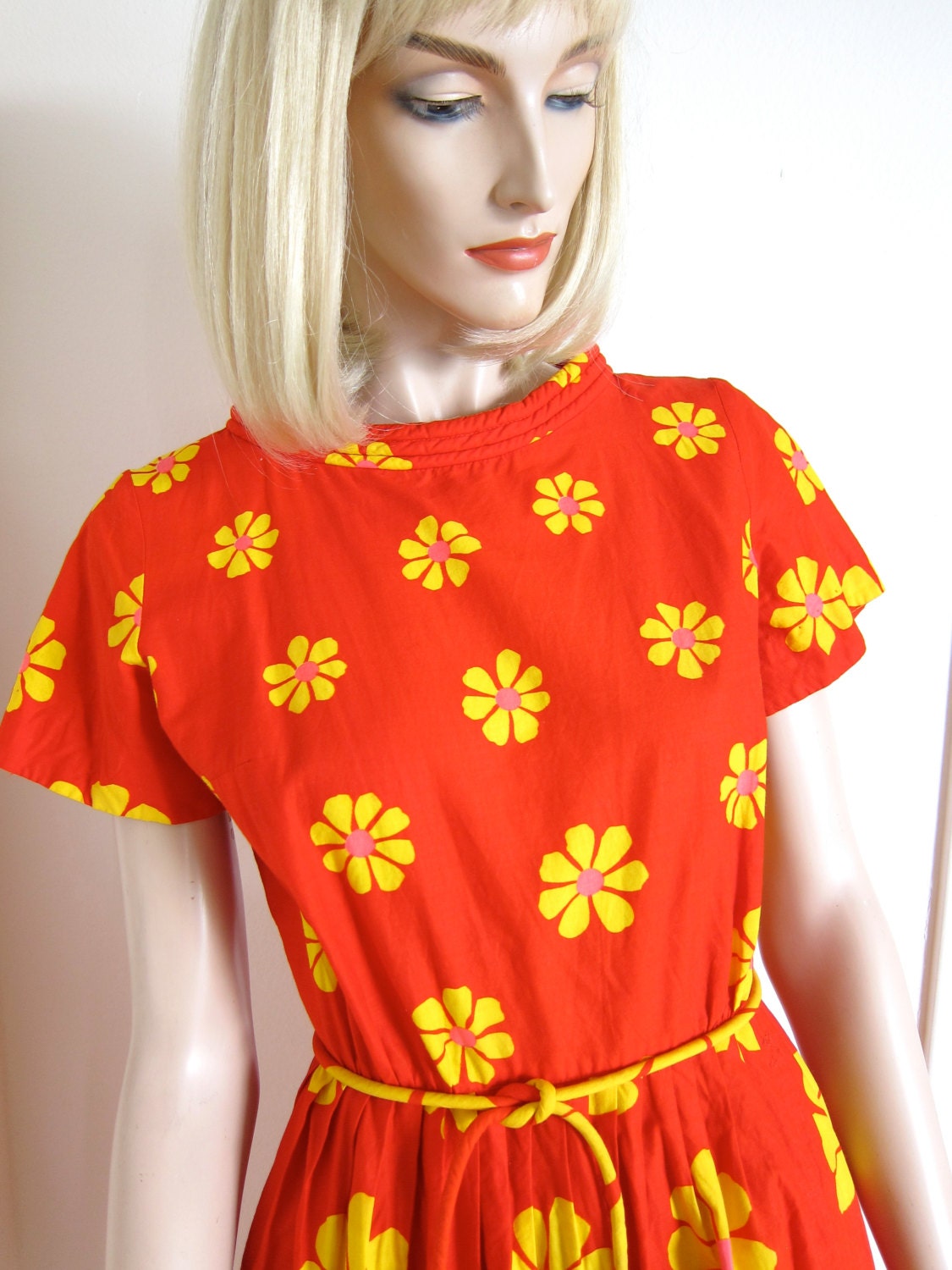 60s Swirl Wrap Dress Flower Power Vintage - Red - Yellow Neon Daisies - Rare Print - Mad Men - S  M