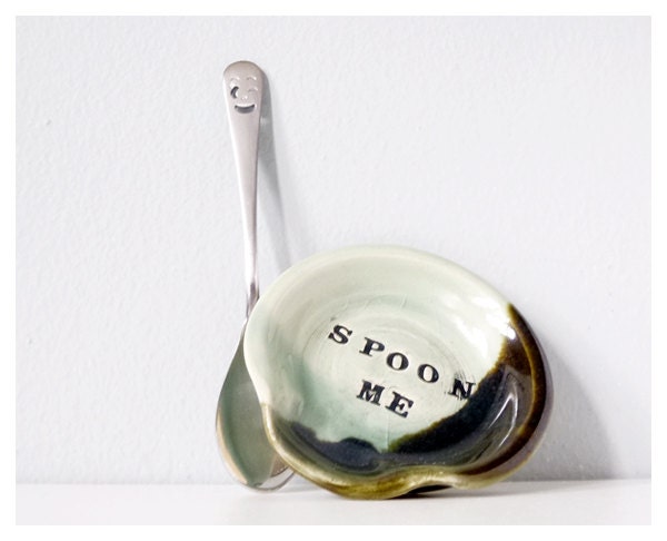 Funny SPOON ME spoon rest with silly teaspoon - mint green metal handmade pottery spoonrest miniature plate - holiday sale