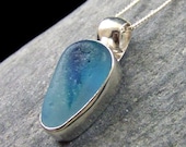 Genuine Aqua Turquoise English Multi Sea Glass Pendant Bezel Set in Sterling Silver