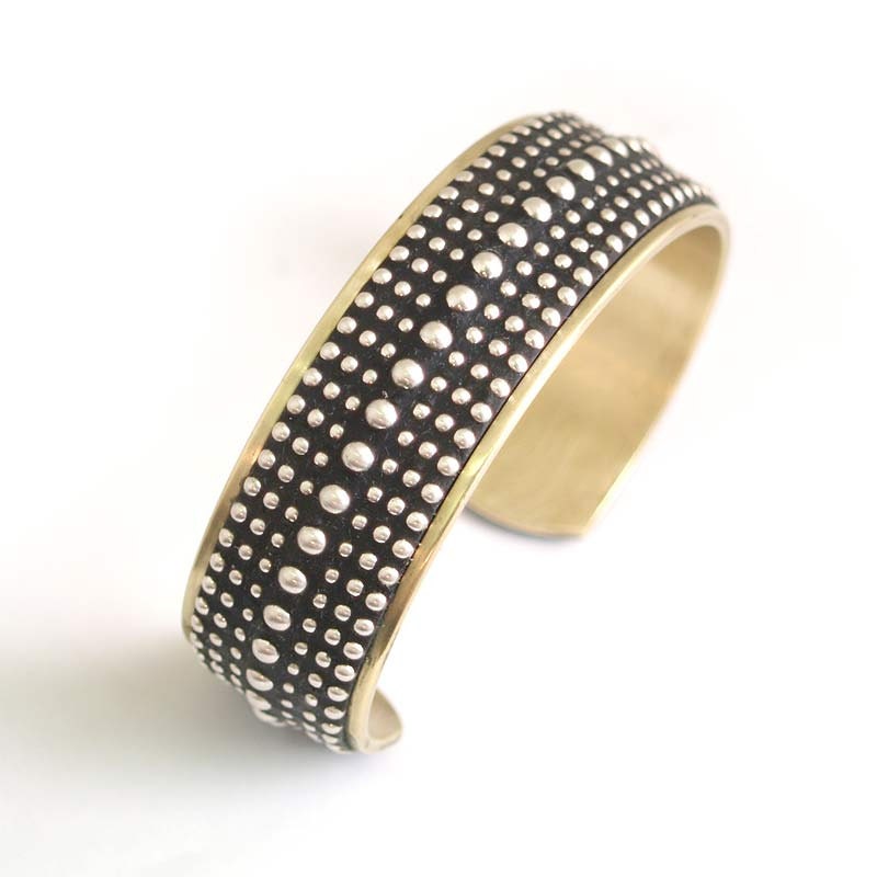 Brass Cuff Bracelet inlaid with polymer clay and sterling silver beads