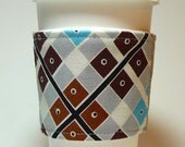 Father's Day Coffee Sleeve- GreenSleeves (tm) by Downstairs Designs-  Mad for Plaid Chocolate Brown and Blue - Linen Eco Gift