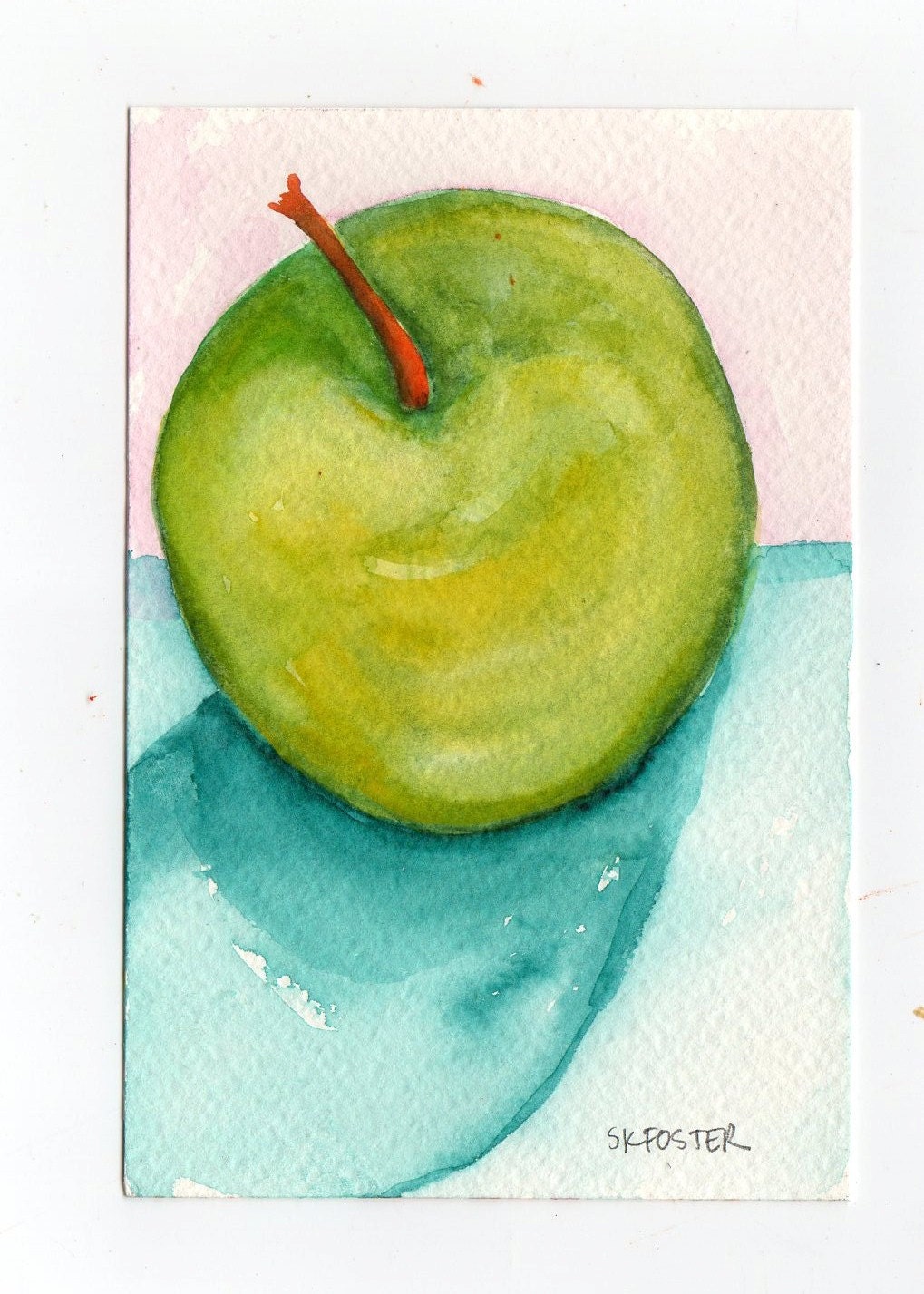Granny Smith Apple and Shadow on  aqua original watercolor