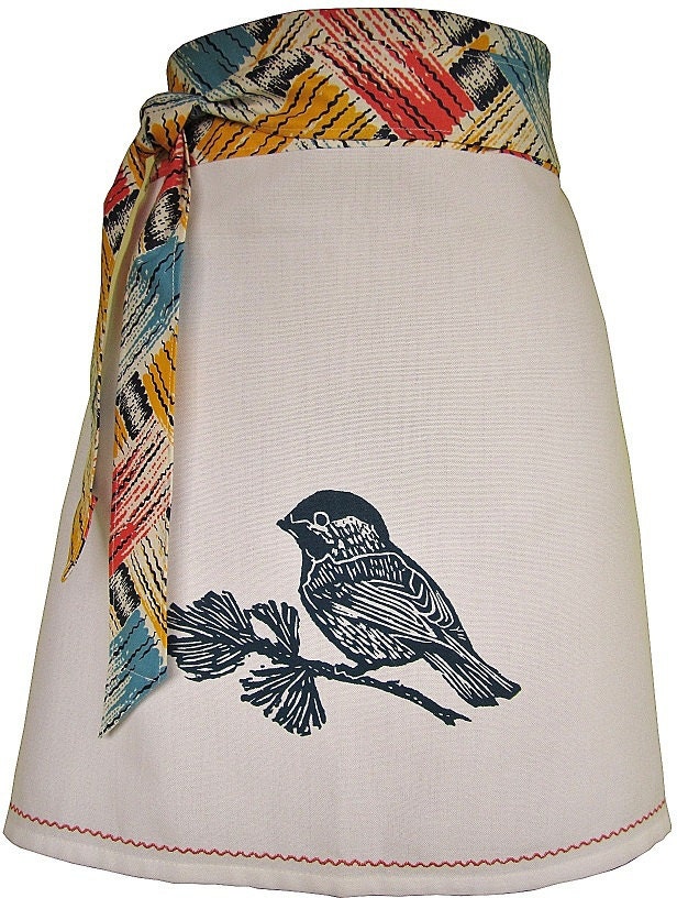 Organic block print chickadee apron