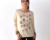 SALE Baskets, Folk Design, Creme 3/4 Sleeve Top, Hand Screen Printed by Maryink