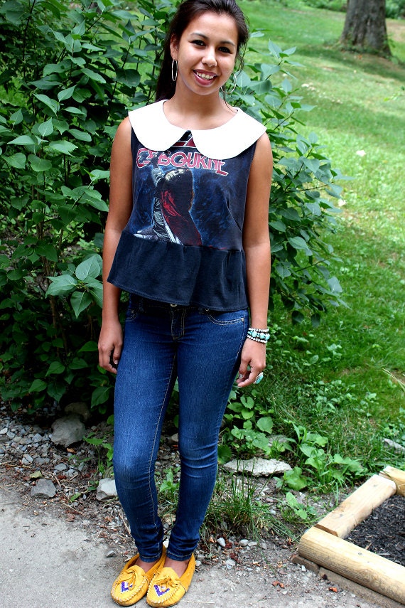 REVIVAL OOAK Upcycled Shirt/Top, Peter Pan Collar, Small/Medium, Rock Tshirt, Ozzy Osbourne, EcoFriendly, Repurposed Clothing