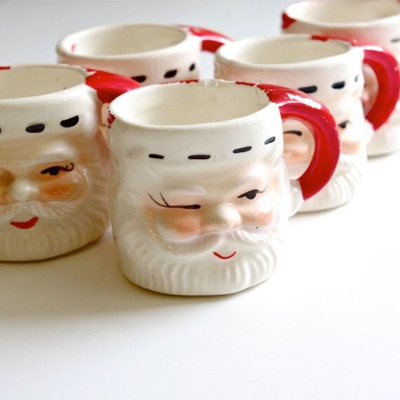 Santa Claus Shot Glass Mugs - Set of Six Vintage Cups - Hand Painted - Made in Japan - Christmas in July