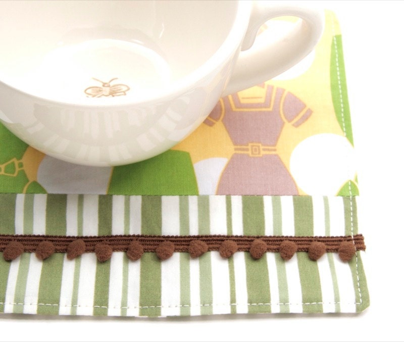 Dress Themed Drink Coaster, Large Size, Green and Brown Vintage Style Dresses, with Pom Pom Trim
