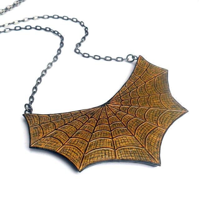 20% OFF SALE - Halloween Black and Gold Spider Web Necklace  - Step into My Parlor - Metallic