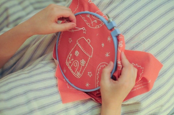 red and white stitchable ornament sampler