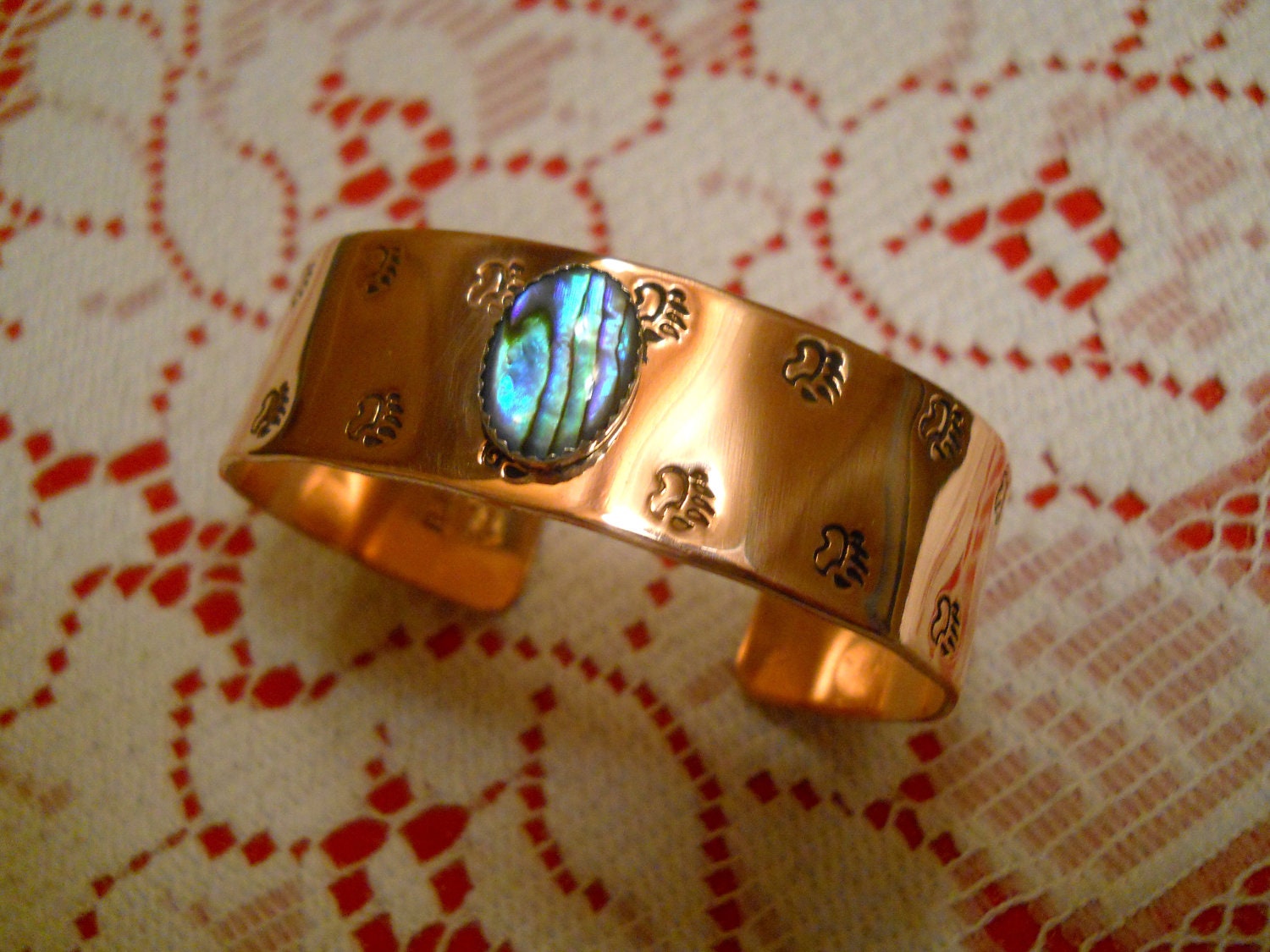 Copper Abalone Paua cuff bracelet  deep beautiful stamping Native American Indian  jewelry Choctaw  made