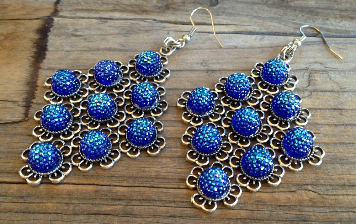 Rhinestone Chandelier Earrings Royal Blue Aurora Boreallis