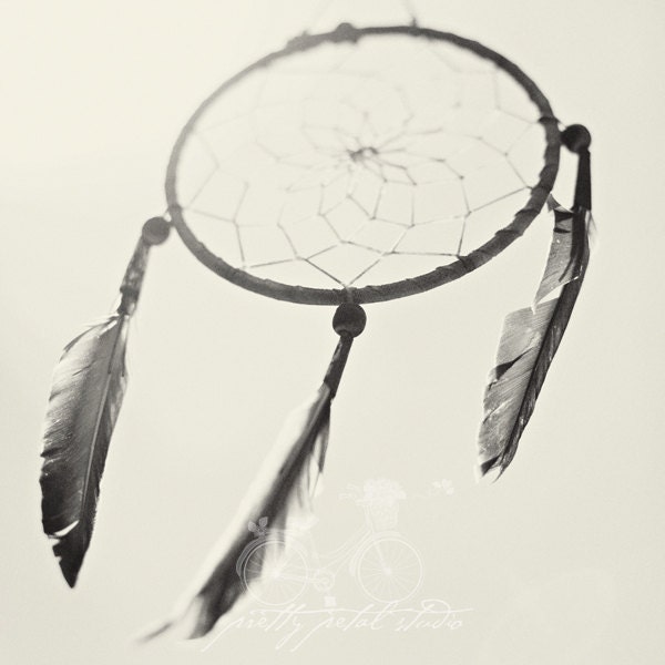 Abstract Fine Art Photograph, Black and White Photo, Dream Catcher II, Feathers, Web, Gypsy, Bohemian, Boho, Wall Art, Square 8x8 Print