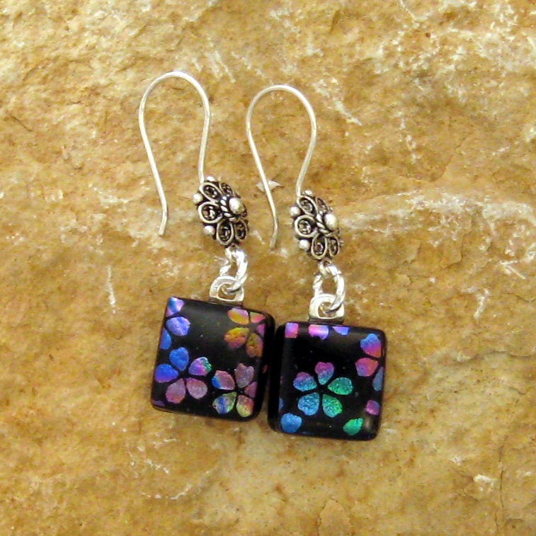 Dichroic Fused Glass Earrings, rainbow Cherry Blossom Earrings, Rainbow Flowers