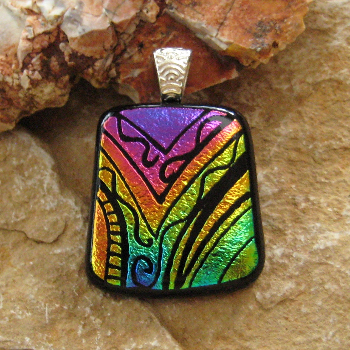 Dichroic Fused Glass Hand Etched  Pendant, Fused Glass Pendant -Mardi Gras