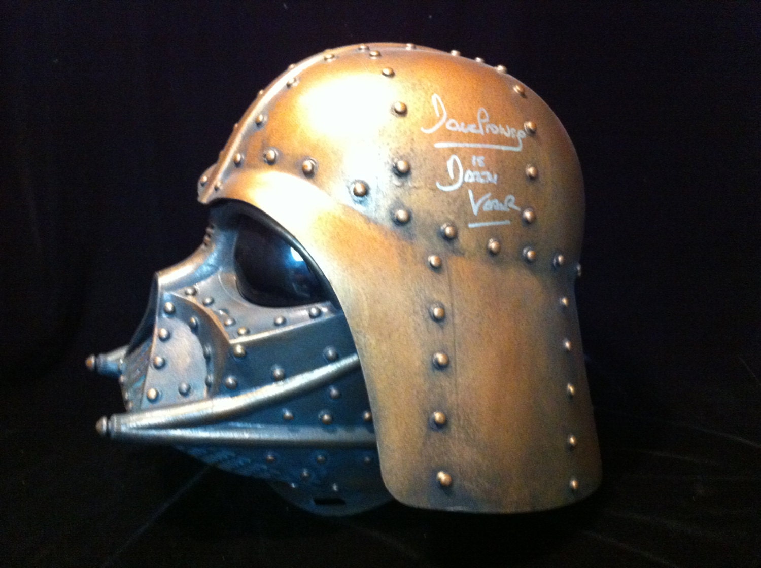 David Prowse Signed Steampunk DARTH VADER Helmet  Bronze and Copper Battle  Bashed