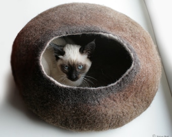 Cat Nap Cocoon / Cave / Bed / House / Vessel - Hand Felted Wool - Crisp Contemporary Design - READY TO SHIP Warm Brown Stone