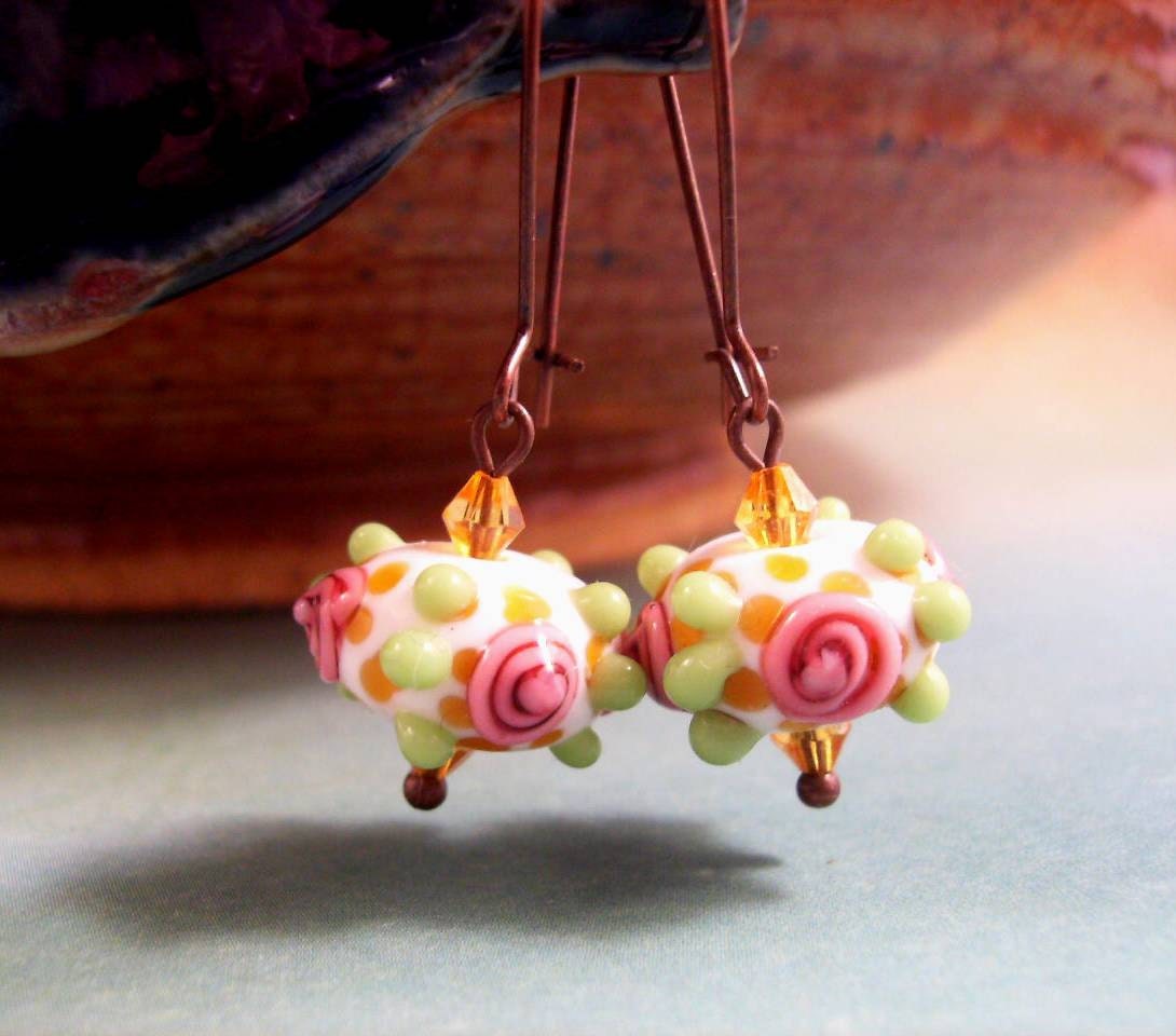 Colorful Lampwork Earrings, Bright Garden Lampies, Lampwork Glass and Copper Dangle Earrings, FREE Shipping U.S.