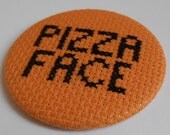 SALE Awkward Adolescent Teen Pizza Face Cross Stitch Pocket Mirror in Black on Orange