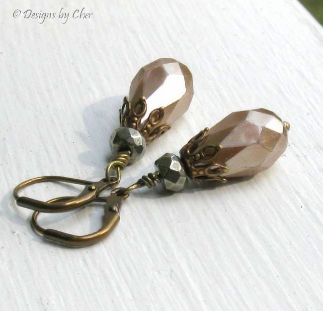 Soft Taupe Pearl Teardrop Earrings, Pyrite Fool's Gold, Antique Brass Leverbacks... Subtle Earthtones