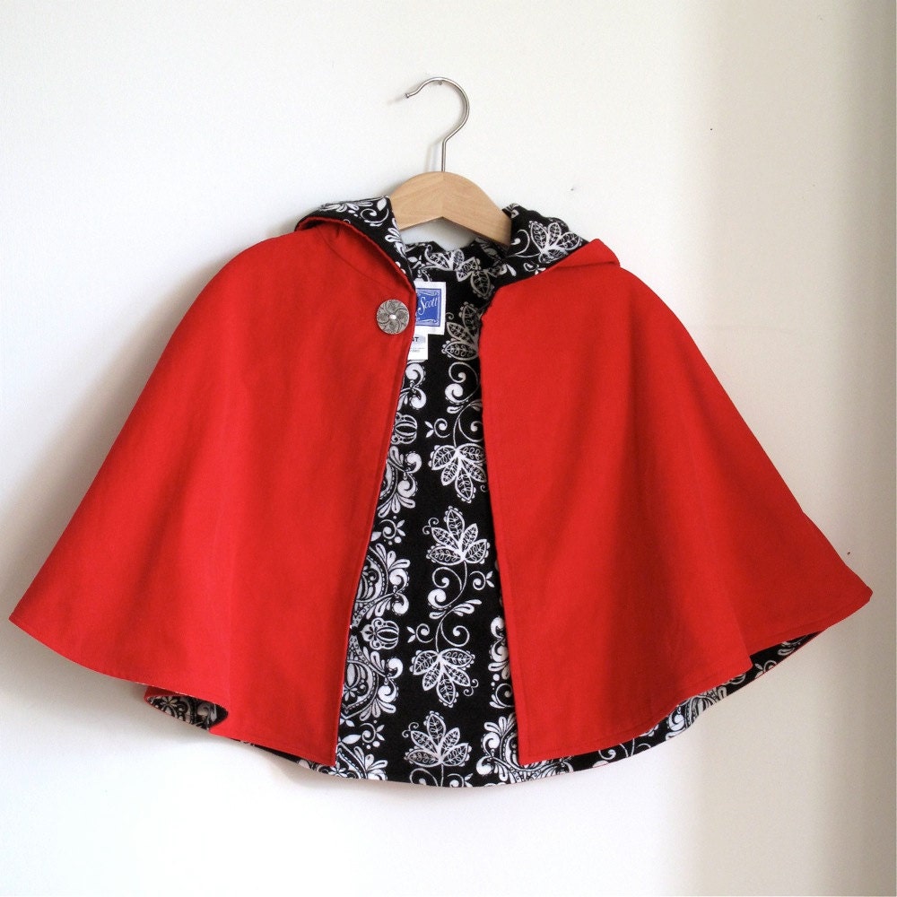 Little Red Riding hood toddler girls cape with black and white flannel lining - sizes newborn to 4t  - cape, cloak, coat, jacket