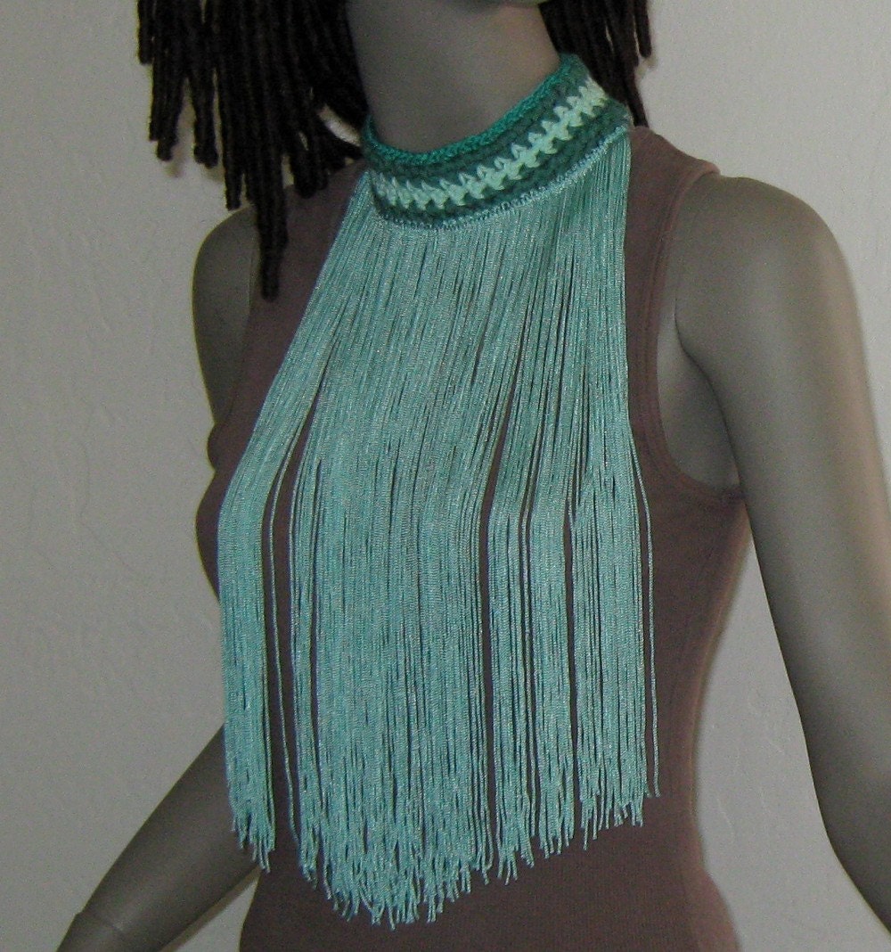 Fringe choker necklace crochet fiber jewelry hippie gypsy teal