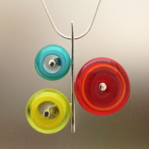 Triple Circle Necklace in Red/Orange Yellow Turquoise