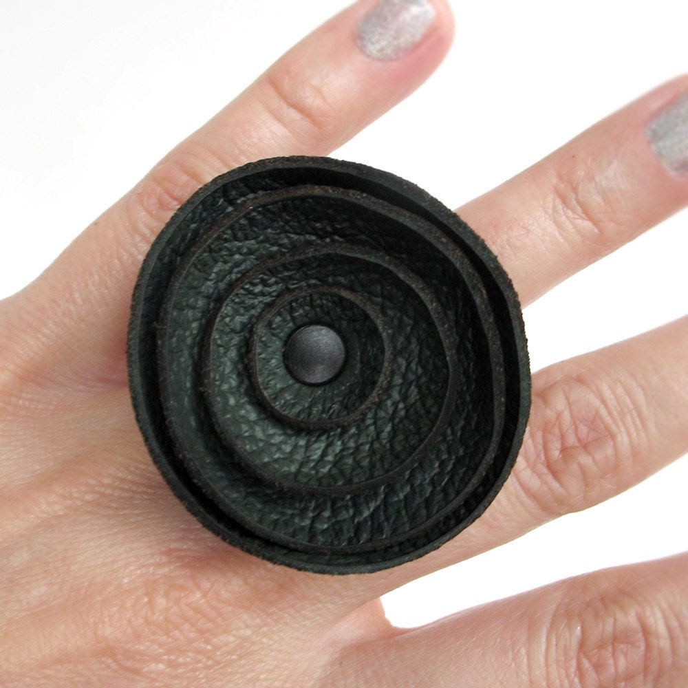 Leather Ring with Deep Teal Poppy Flower, Size 6, EcoFriendly, Reclaimed, Unique, Statement Ring, OOAK