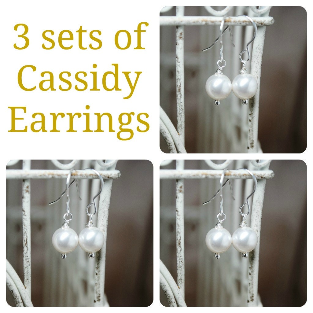 3 Sets of Cassidy Pearl Bridal Earrings, Three Sets of Bridesmaids Pearl Earrings, Wedding Earrings, Bridal Earrings, Bridal Gifts
