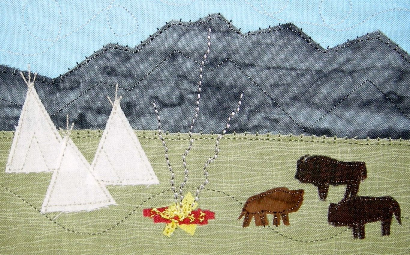 Native American Fabric Postcard with Buffalo, Teepees and  a Campfire