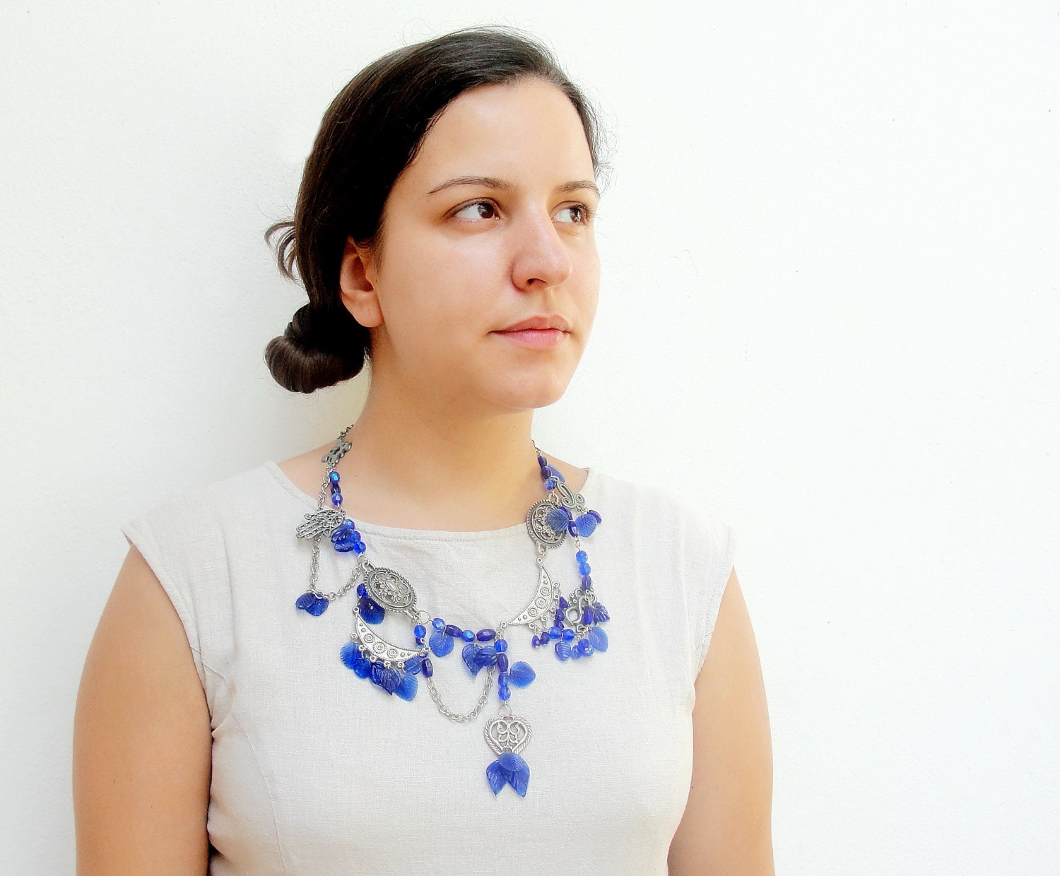 Cobalt Sky Statement Necklace Cobalt blue with Czech Crystals and Glass Leaves
