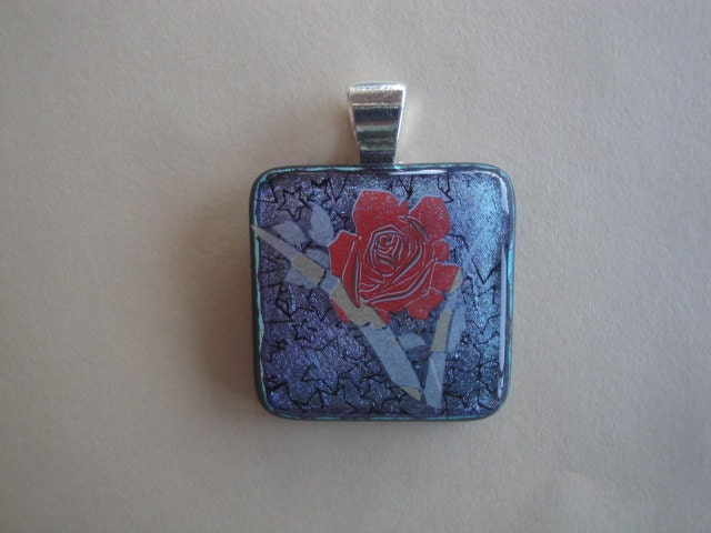 Red Rose, Dichroic Glass Pendant, Mesh Necklace, Fused Glass Pendant, Red, Blue