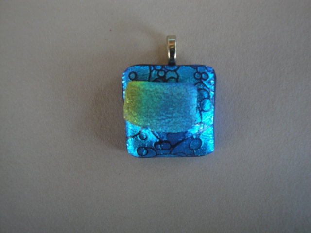 Textured Dichroic Glass Pendant, Teal Blue Pendant, Necklace, Fused Glass Jewelry, Fused Glass Pendant,  Dichroic Glass Jewelry. Green, Gold