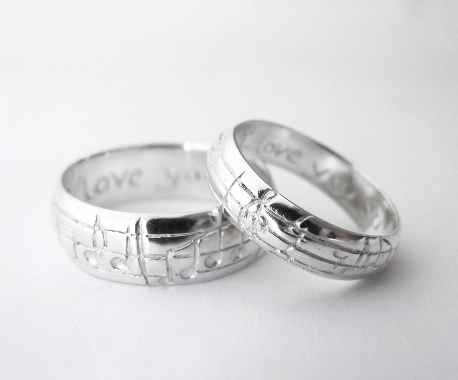 Your Song Wedding Ring Set - 10 Karat White Gold - Made to Order - Custom Size - Real Music matches your choice of song - Rickson Jewellery