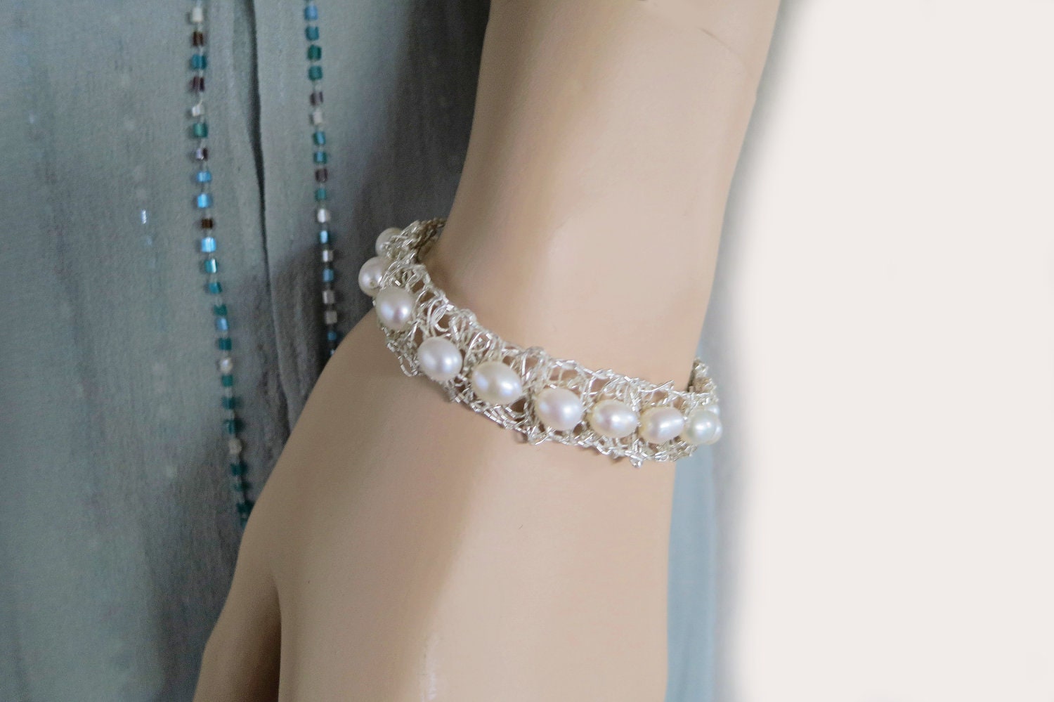 Pearl Bridal Bracelet Freshwater Pearl Bracelet, Silver and Pearl Bracelet, Studded Pearl Bracelet, Wedding Jewelry, Vintage Style