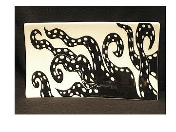 Platter. Octopus. Octopus Rectangular Platter. Sea. Ocean Life. Black. Platter. Handmade by Sara Hunter Designs.