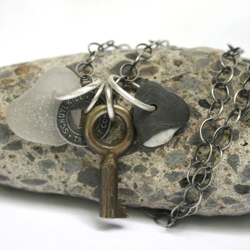 Seaglass Beach Stone Charm Necklace Vintage Token and Key - Kitchen Sink
