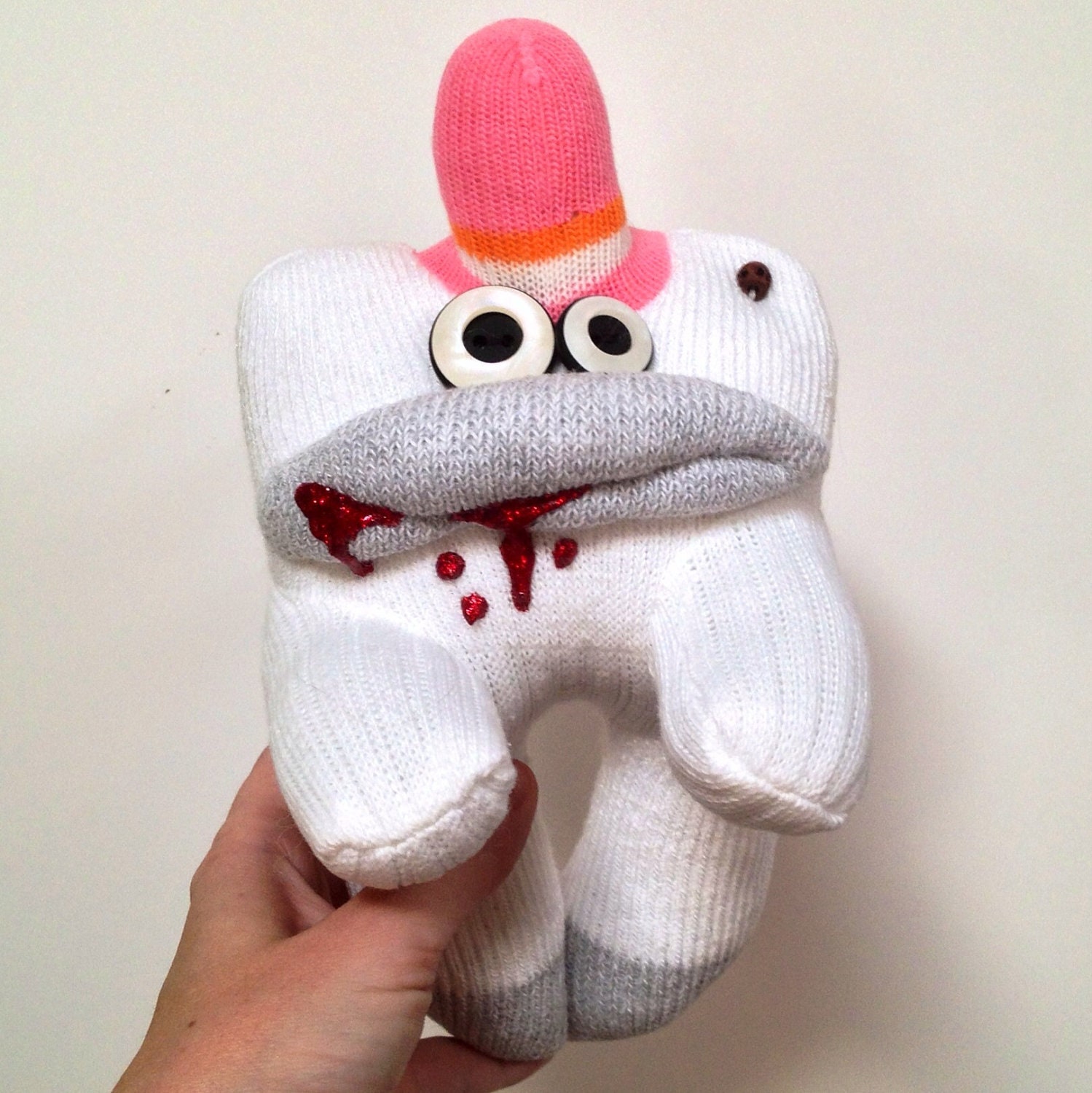 Toeshiba-- A Sock Zombie Doll with a Pink and Orange Toehawk