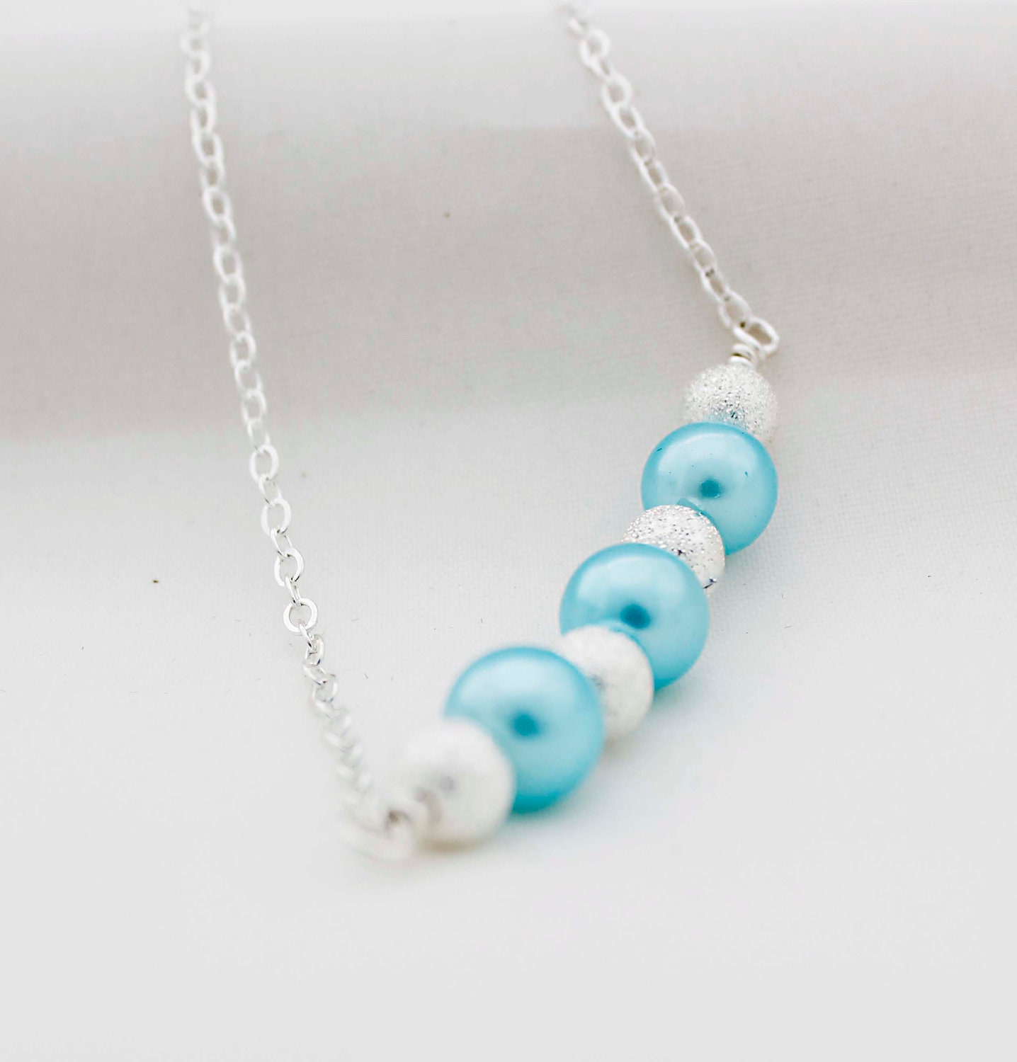 Baby Blue Pearl Glass Bead Necklace On Sterling Silver Wire, Attached To A Sterling Silver Chain