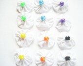 12 - White Yo Yo Fabric Flowers with Colored Beads - Embellishments, Fabric Jewelry, Hair Accessories, Ect.