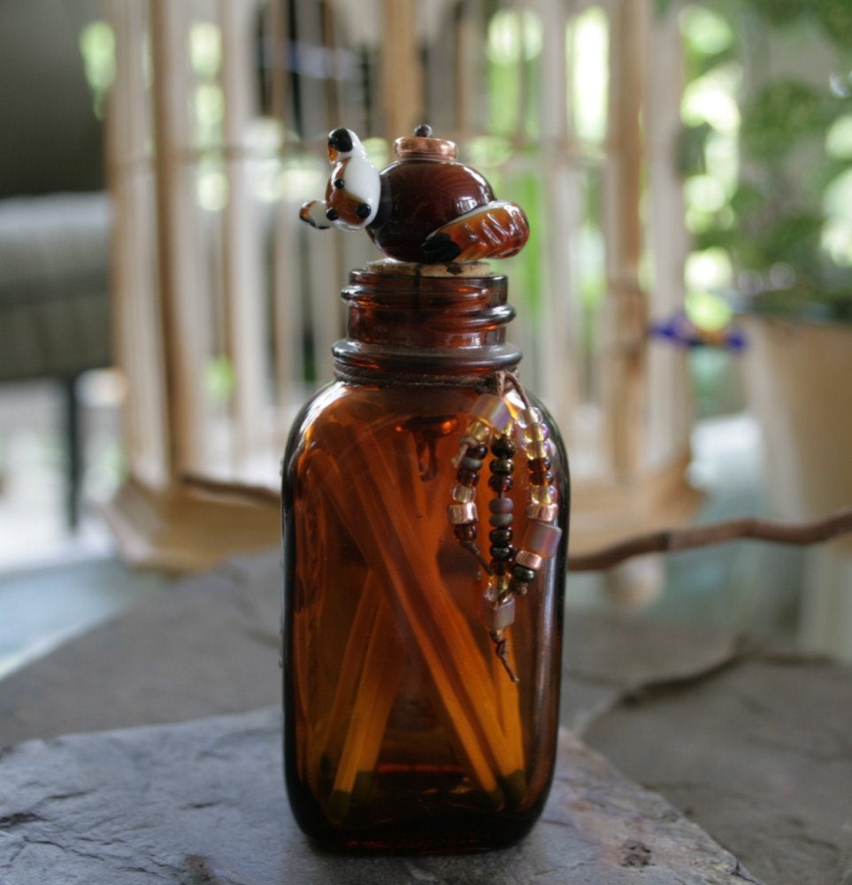 Artisan glass lampwork fox match holder ... Fire fox ... repurposed vintage bottle ... by simply cindy