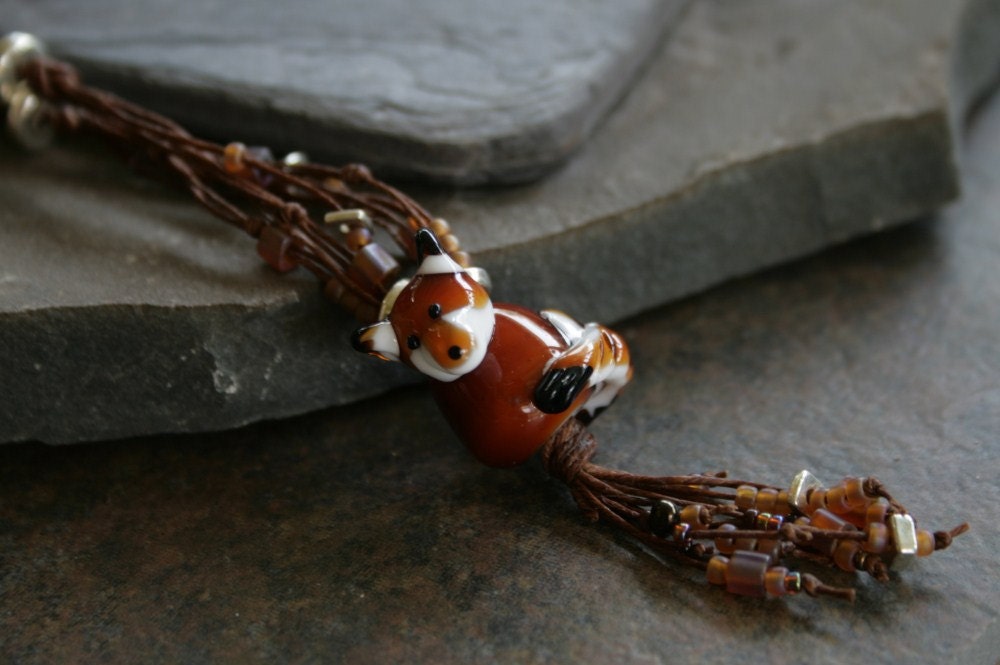 Artisan glass lampwork fox knotted necklace ... Out foxed ... sculptural glass fox bead fox necklace ... by simply cindy