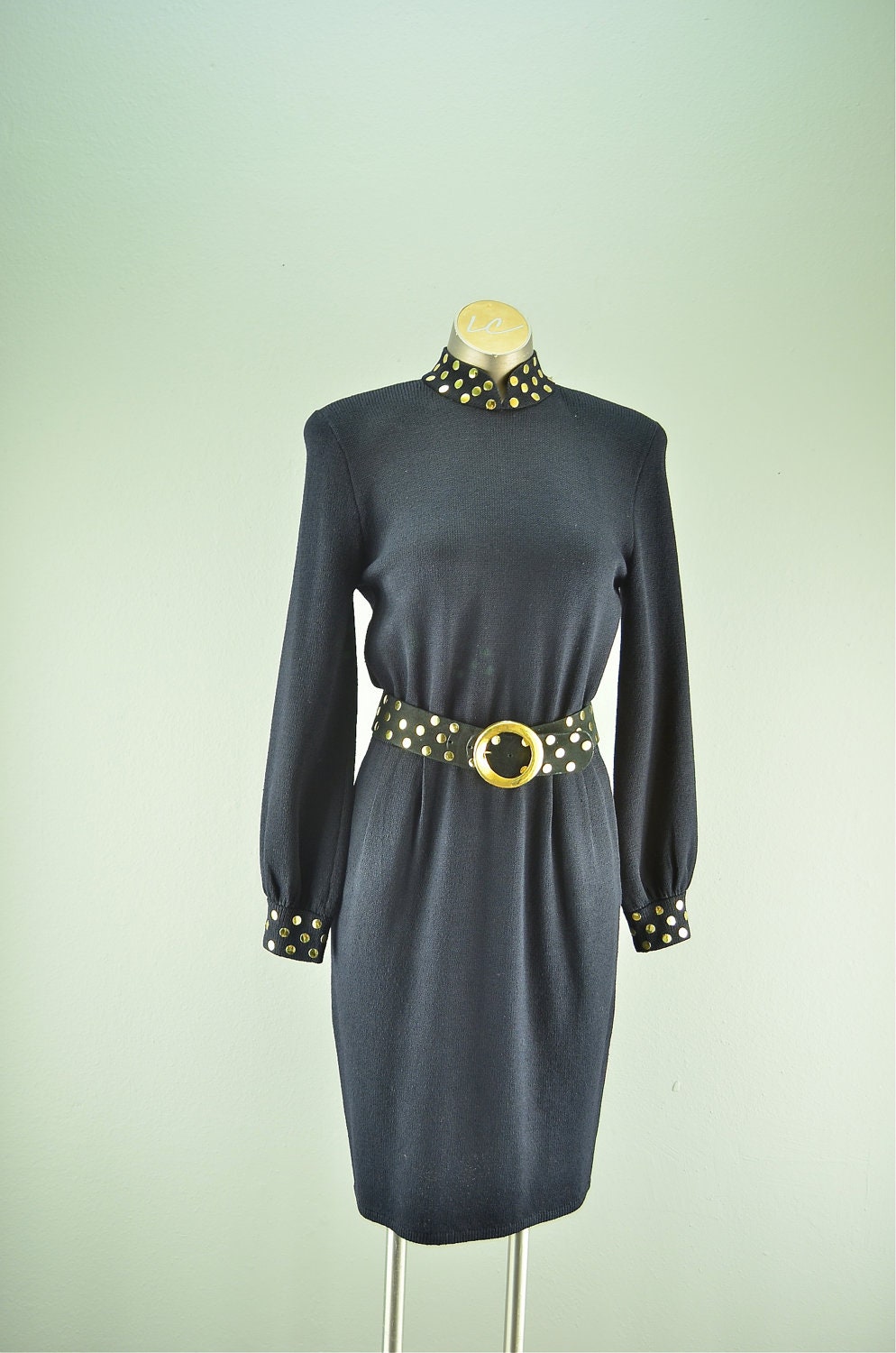 1980s black St. John dress  Vintage knit dress  80s studded sweater dress gold metallic size small medium